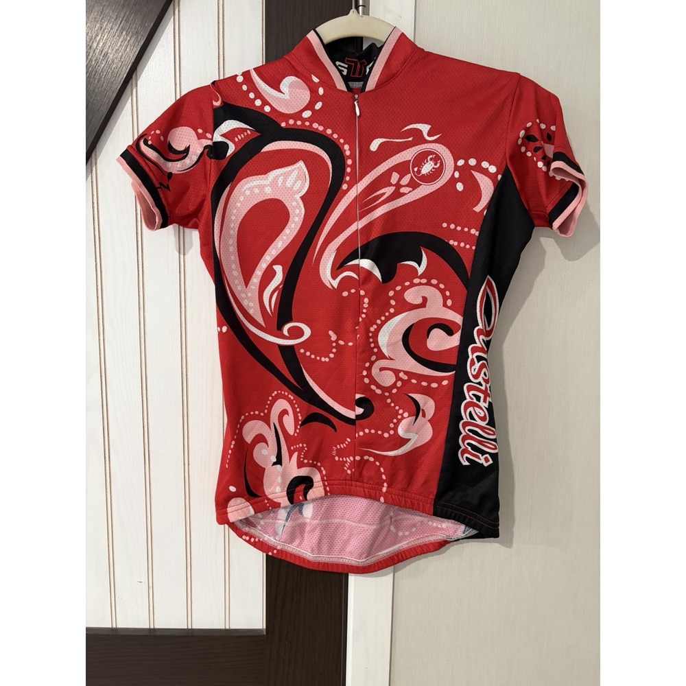 Castelli Mens Cycling Jersey Paisley Red Black 1/4 Zip Short Sleeve Small